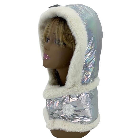 DKNY Logo Detached Puffer Hood Iridescent Metallic Shell + Faux Fur Lined Hat - Picture 2 of 15